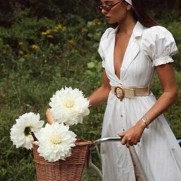 WeWoreWhat Puff Sleeve Bella Shirt Dress in Macro Stripe Shortbread - Picture 1 of 9